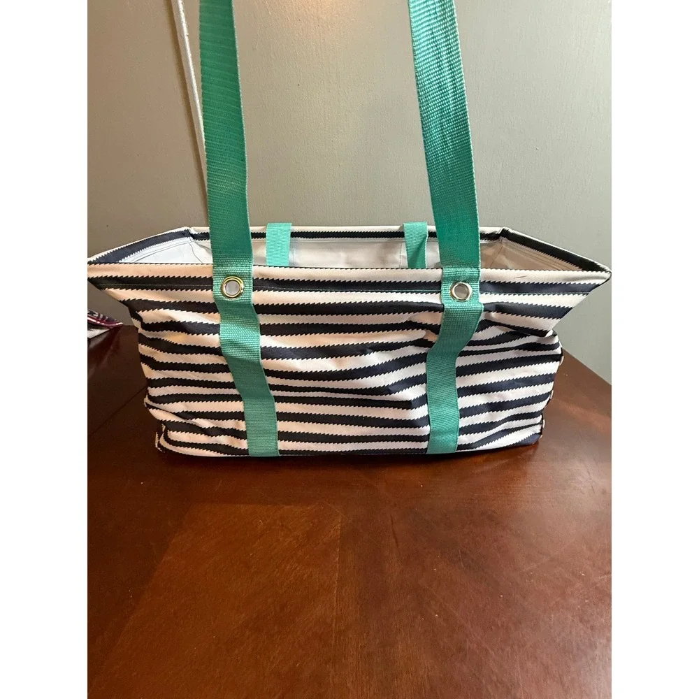 Thirty-One Large Utility Tote Navy White Nautical Stripe Teal Pink Monogram L